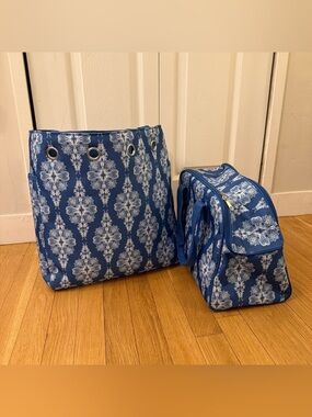 Set of 2 Blue Floral Tote Bags (Yarn Tote + Matching Carry Bag)